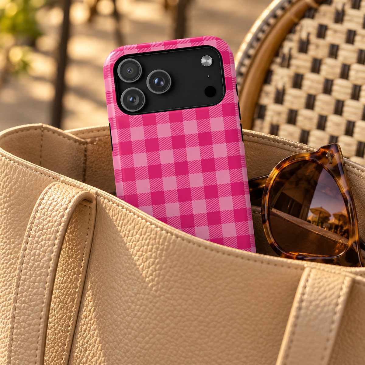 Pink Gingham protective phone case, hot pink gingham checks, lifestyle photo in a handbag