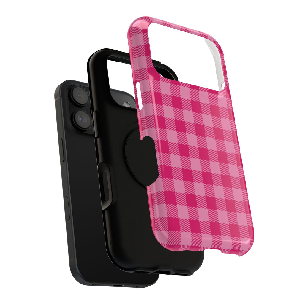 Pink Gingham protective phone case, close-up of the dual-layer construction
