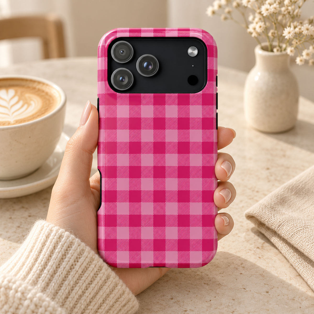 Pink Gingham MagSafe case, hot pink gingham checks, lifestyle photo in hand with coffee