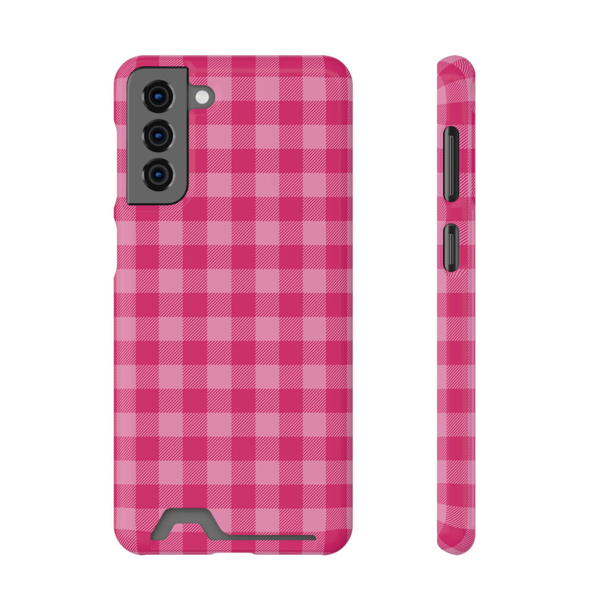 Pink Gingham phone case with card holder for Samsung Galaxy S21 Plus, glossy finish