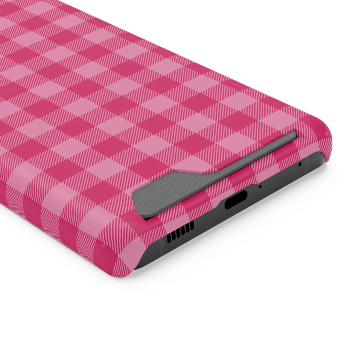 Pink Gingham phone case with card holder for Samsung Galaxy S21 Ultra, glossy finish