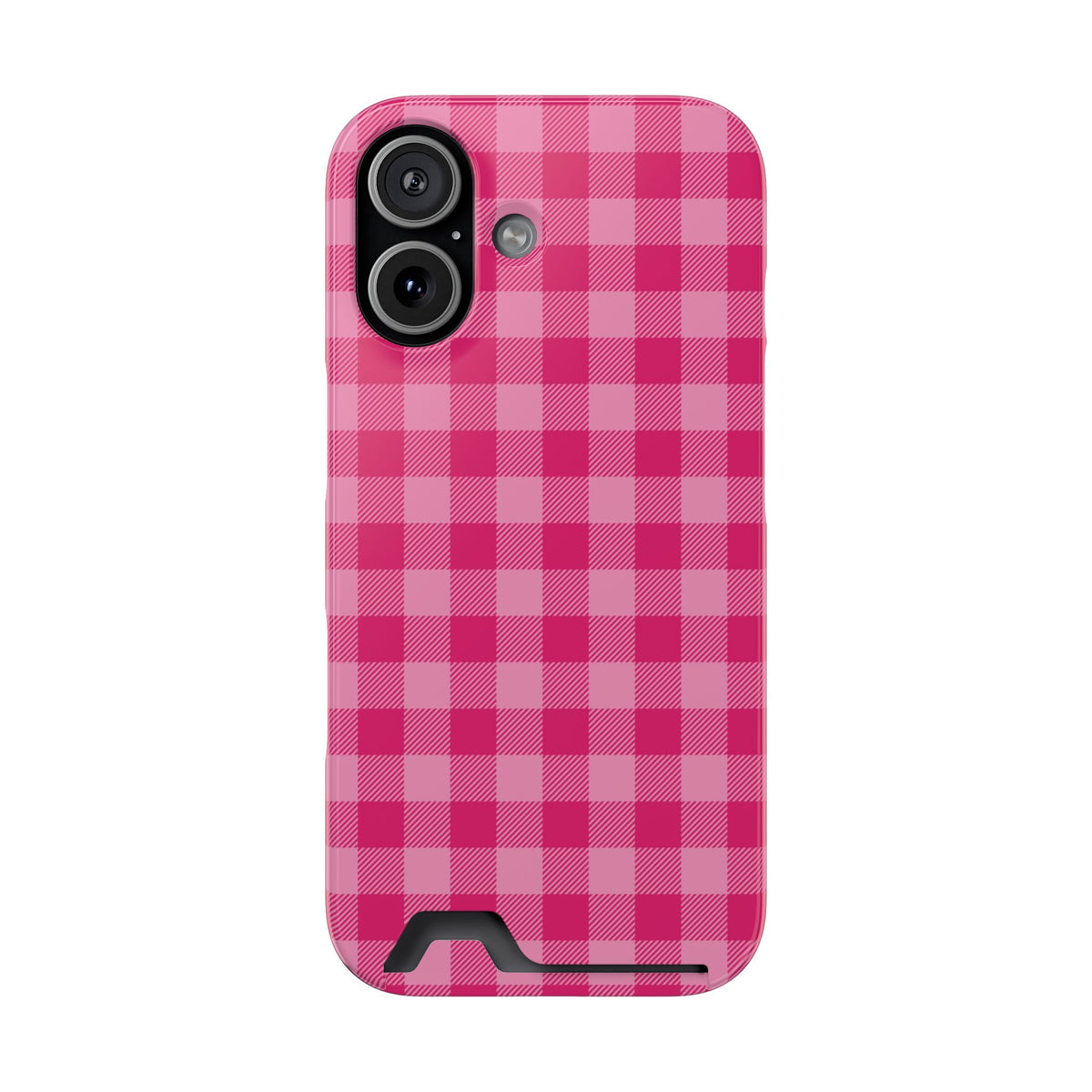 Pink Gingham phone case with card holder for iPhone 17, glossy finish