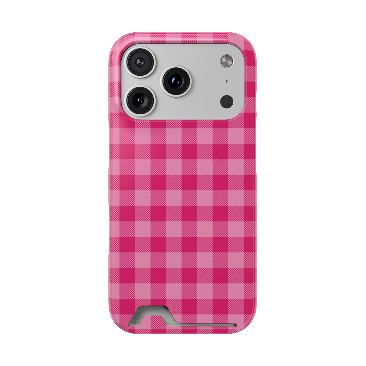 Pink Gingham phone case with card holder for iPhone 17 Pro, glossy finish