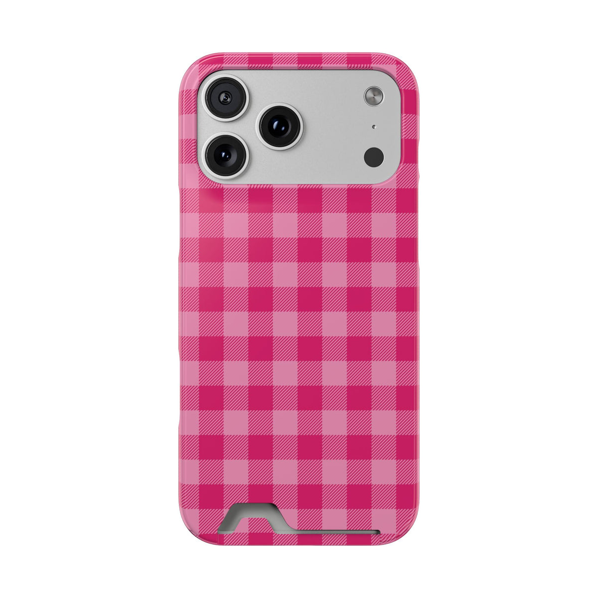 Pink Gingham phone case with card holder for iPhone 17 Pro Max, glossy finish