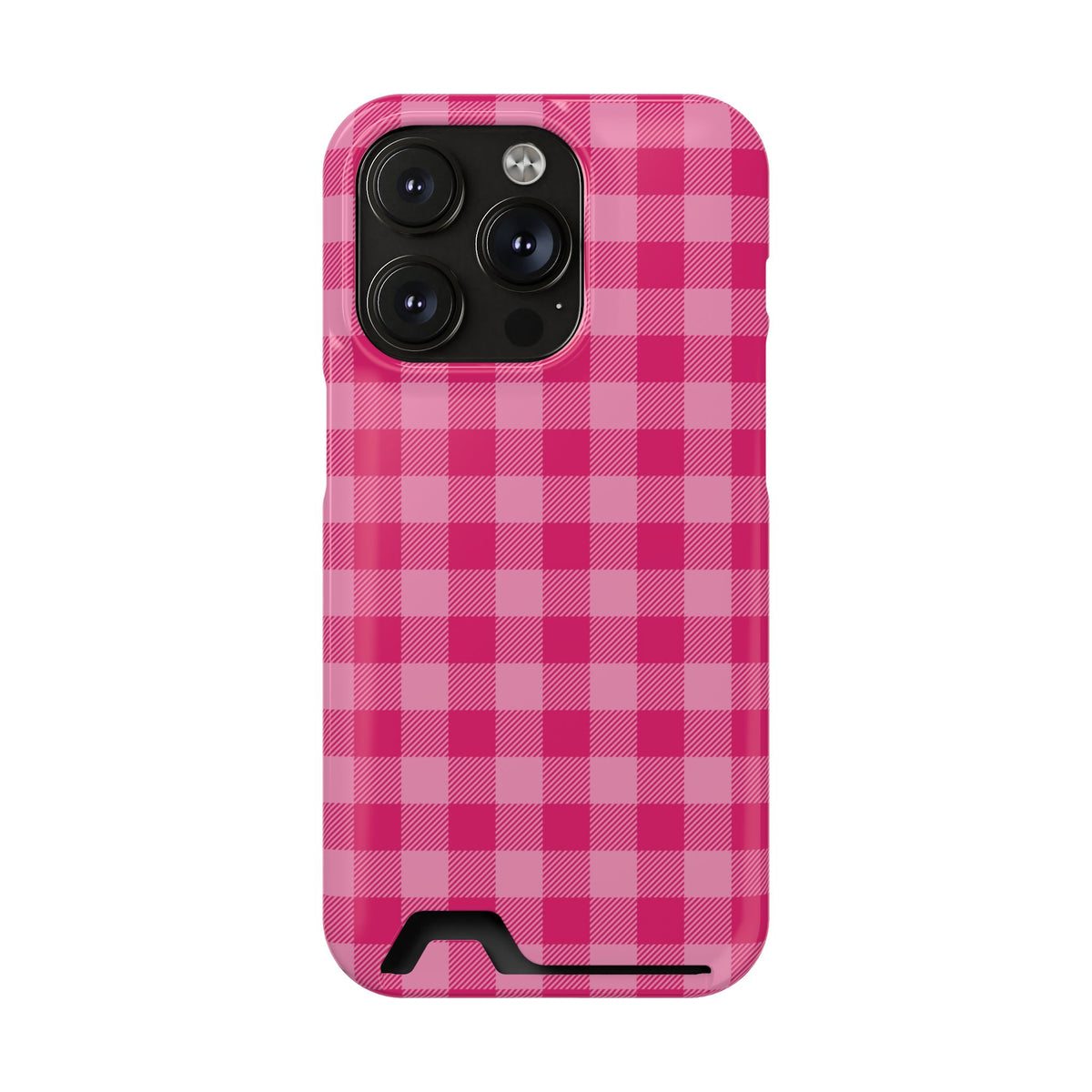 Pink Gingham phone case with card holder for iPhone 14 Pro, glossy finish