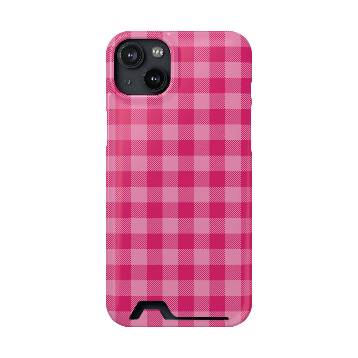 Pink Gingham phone case with card holder for iPhone 14 Plus, glossy finish