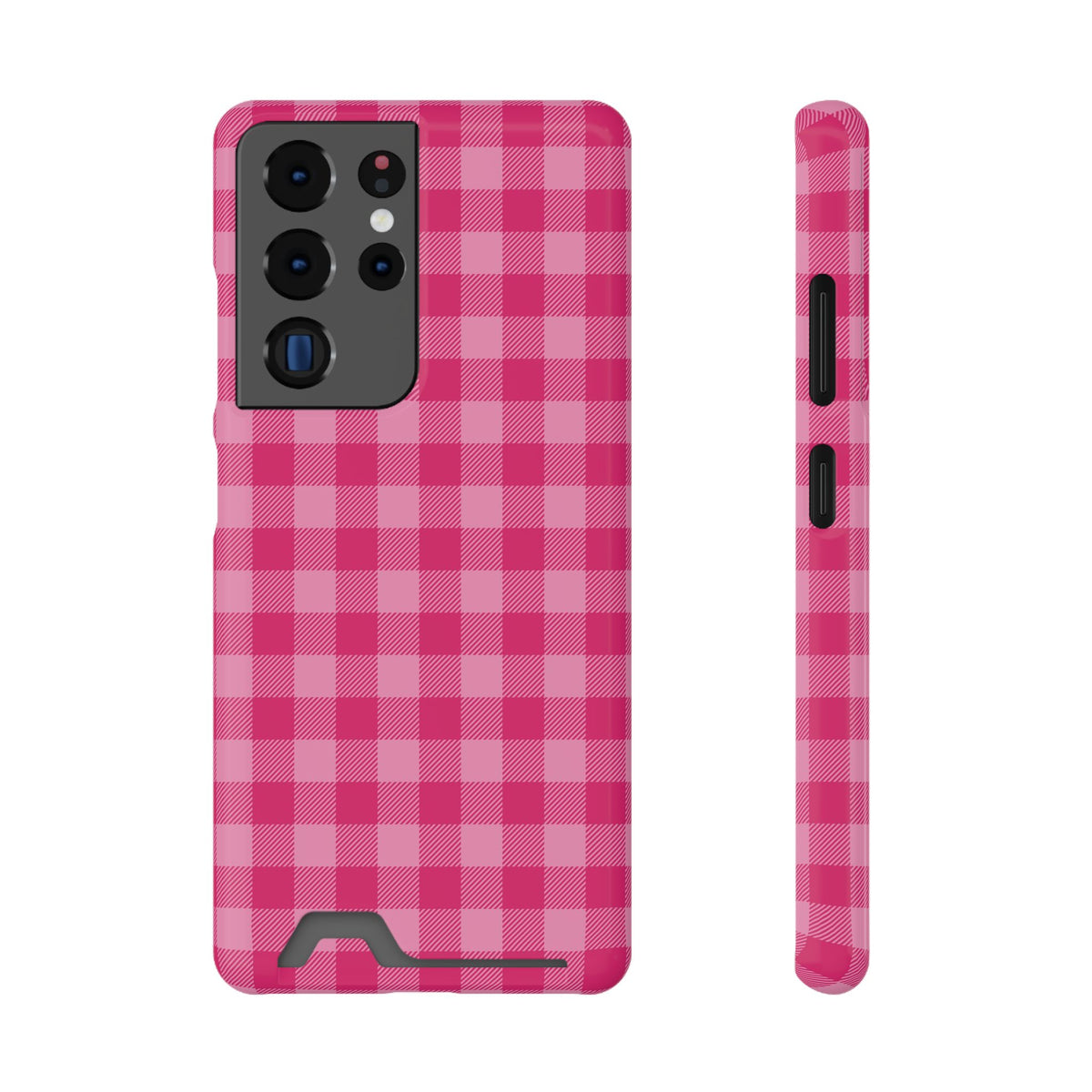 Pink Gingham phone case with card holder for Samsung Galaxy S22 Plus, glossy finish