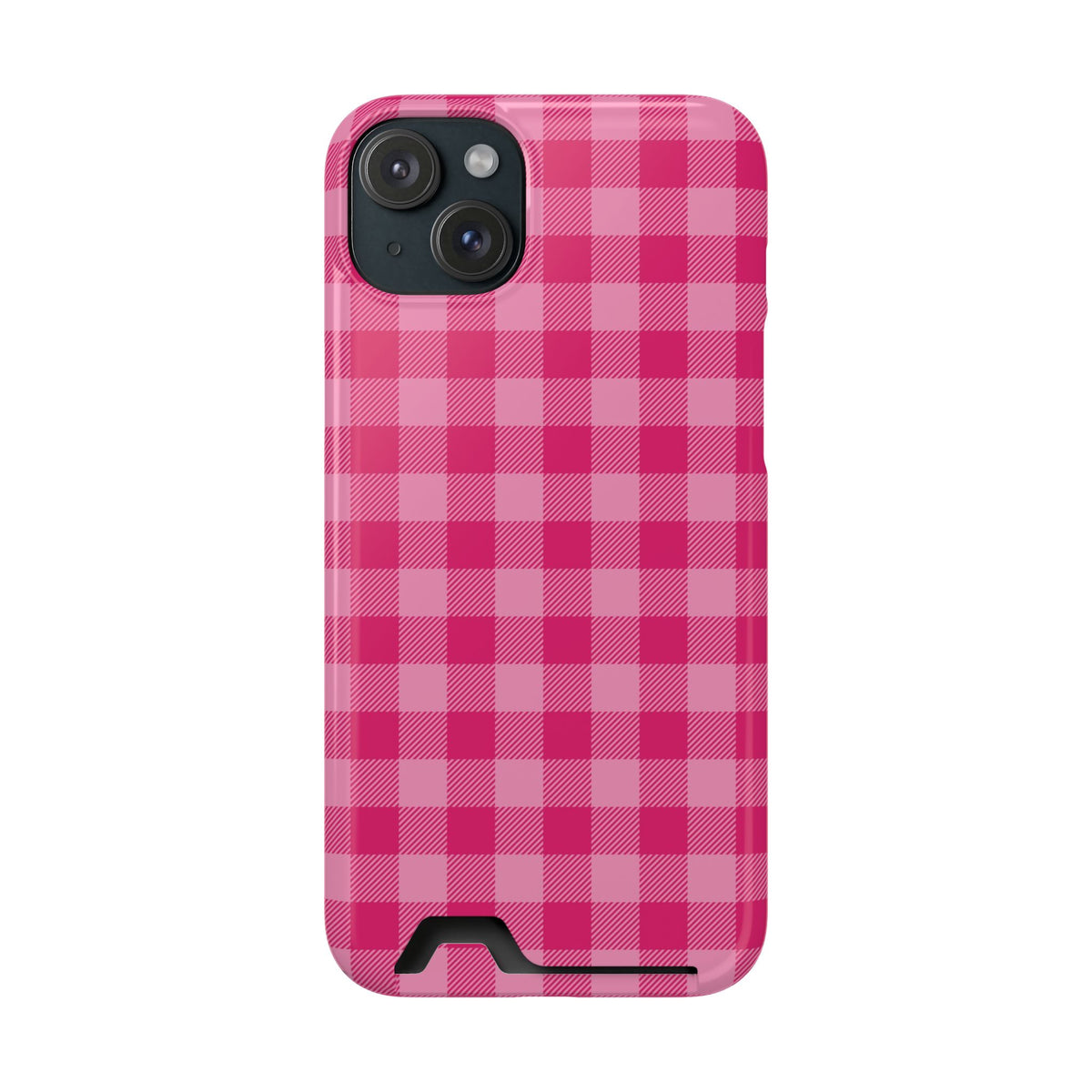 Pink Gingham phone case with card holder for iPhone 15 Plus, glossy finish