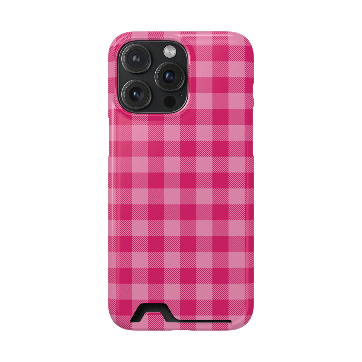 Pink Gingham phone case with card holder for iPhone 15 Pro Max, glossy finish