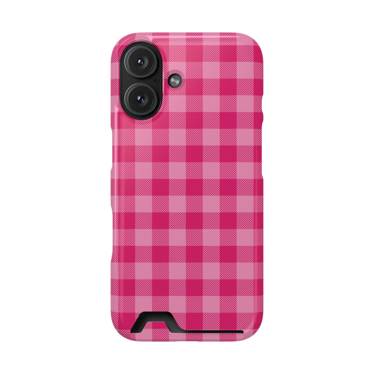 Pink Gingham phone case with card holder for iPhone 16, glossy finish