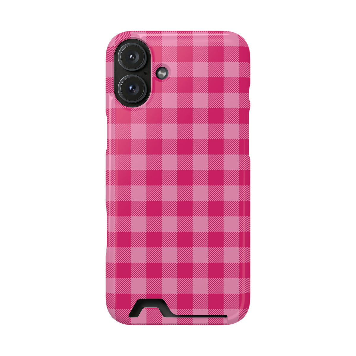 Pink Gingham phone case with card holder for iPhone 16 Plus, glossy finish