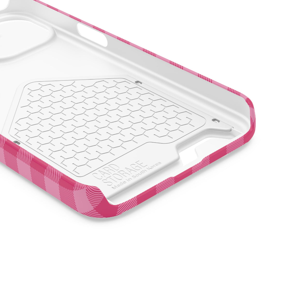 Pink Gingham phone case with card holder for iPhone 13, glossy finish