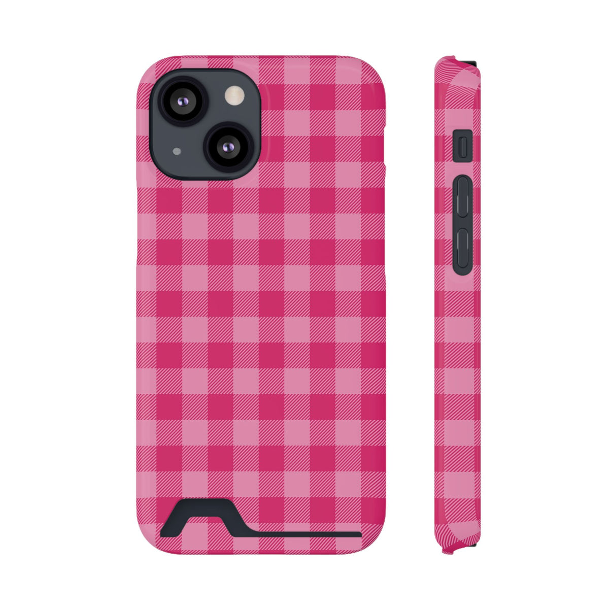 Pink Gingham phone case with card holder for iPhone 13 Mini, glossy finish