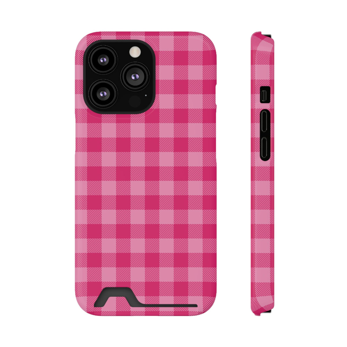 Pink Gingham phone case with card holder for iPhone 13 Pro, glossy finish