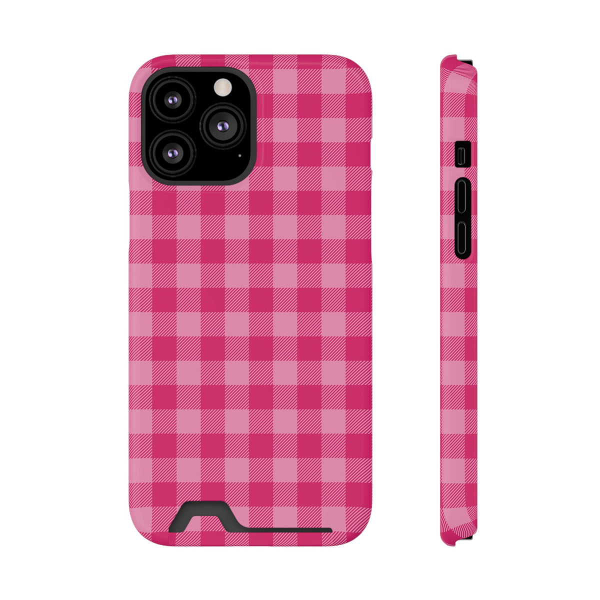 Pink Gingham phone case with card holder for iPhone 13 Pro Max, glossy finish