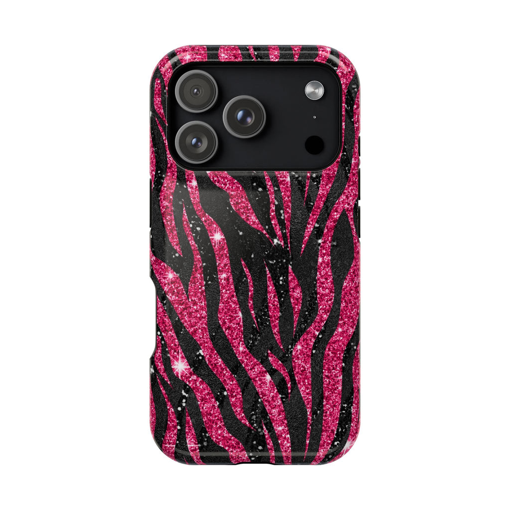 Pink Glitter Zebra protective phone case for iPhone 18 Pro, glossy finish