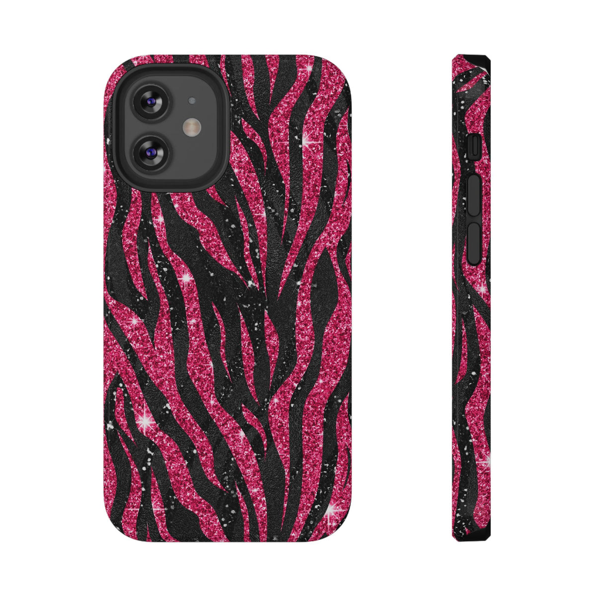 Pink Glitter Zebra protective phone case for iPhone 12 Mini, glossy finish