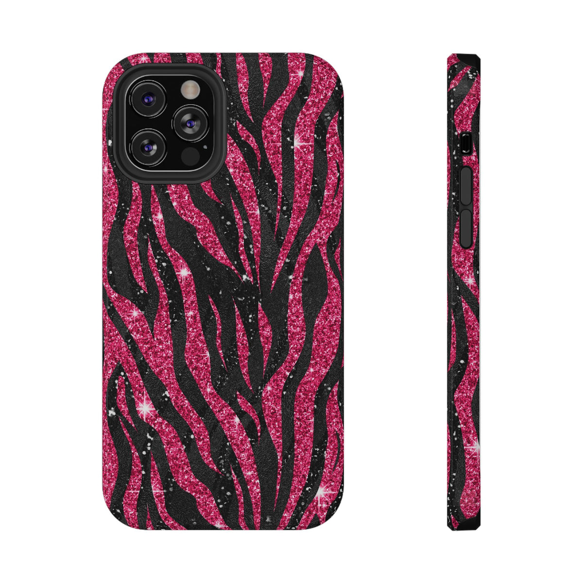 Pink Glitter Zebra protective phone case for iPhone 12 Pro, glossy finish