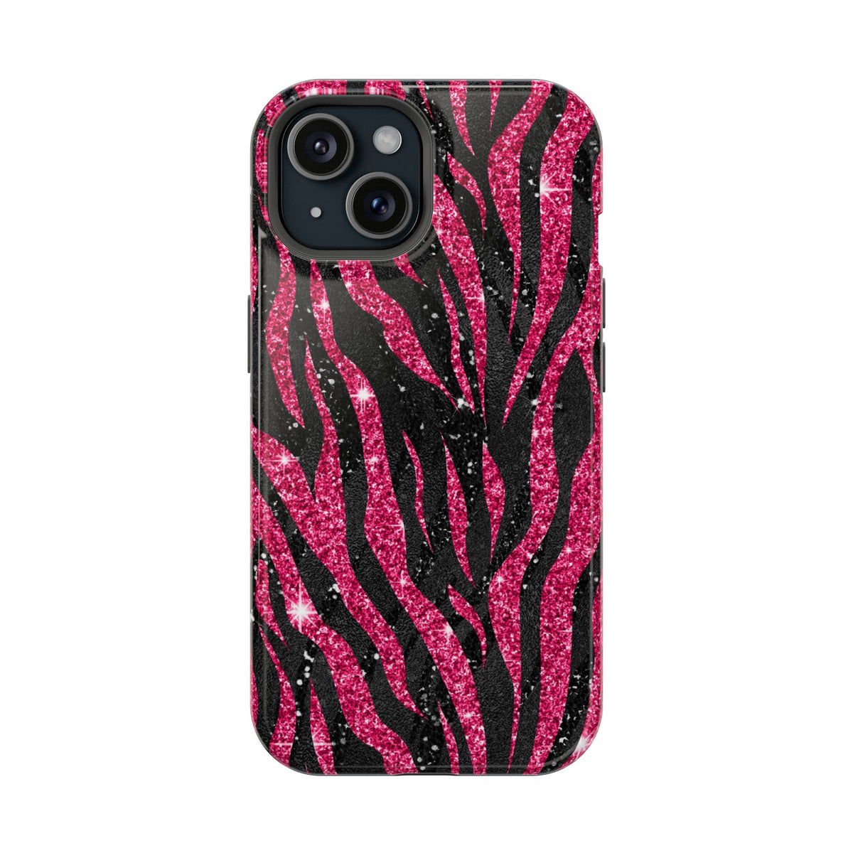 Pink Glitter Zebra protective phone case for iPhone 15, glossy finish