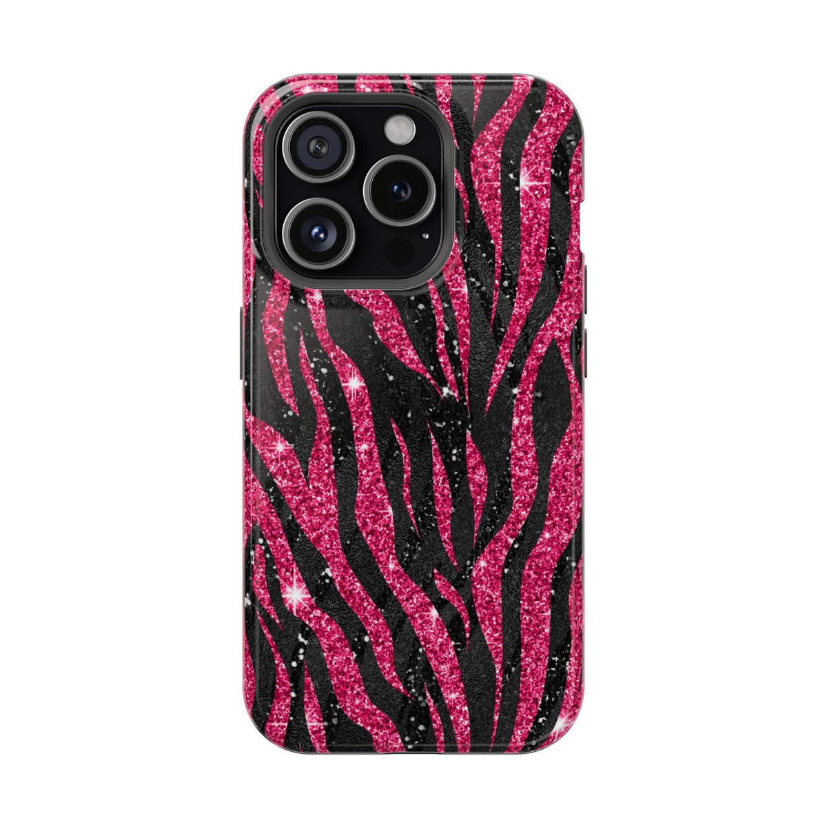 Pink Glitter Zebra protective phone case for iPhone 15 Pro, glossy finish