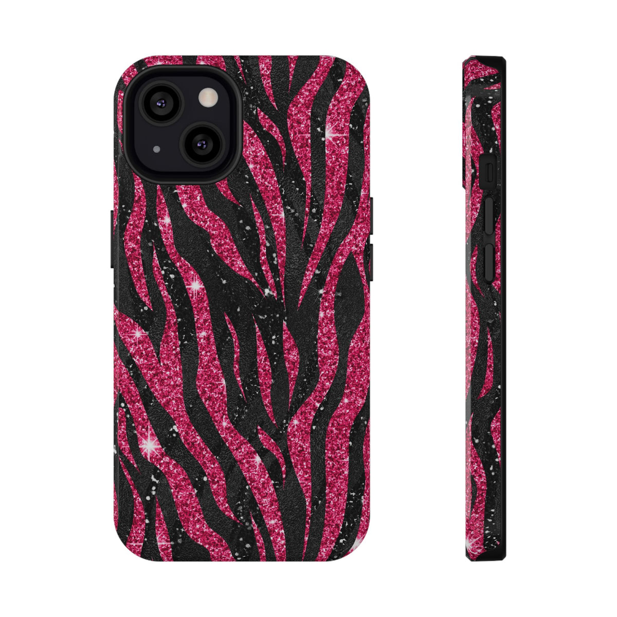 Pink Glitter Zebra protective phone case for iPhone 13, glossy finish