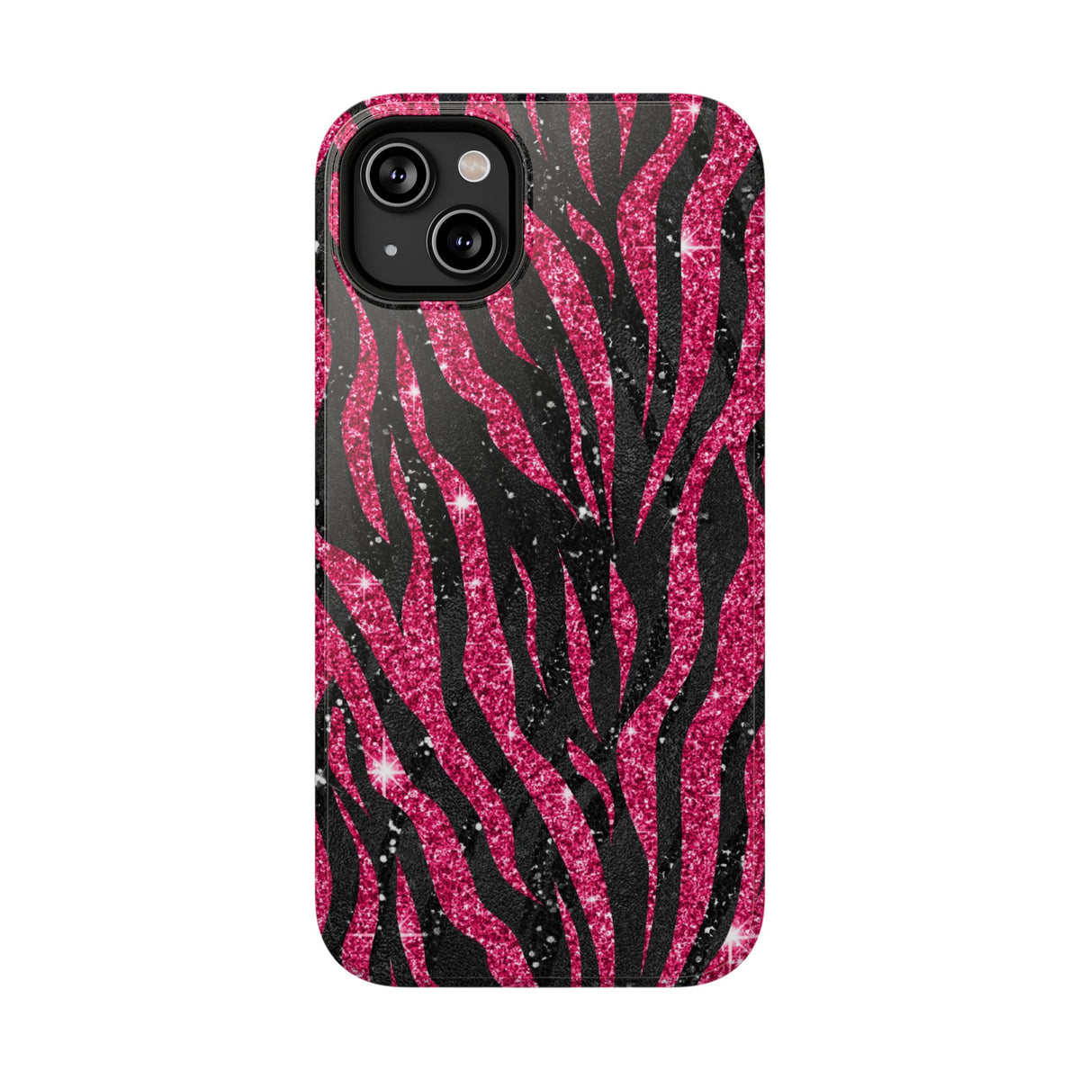 Pink Glitter Zebra protective phone case for iPhone 14 Plus, glossy finish
