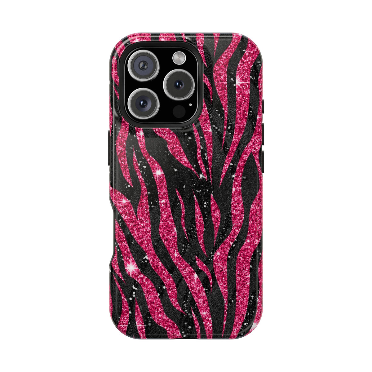 Pink Glitter Zebra protective phone case for iPhone 16 Pro, glossy finish