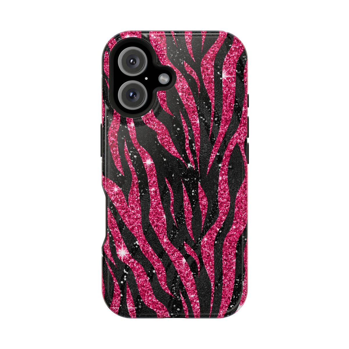 Pink Glitter Zebra protective phone case for iPhone 16, glossy finish