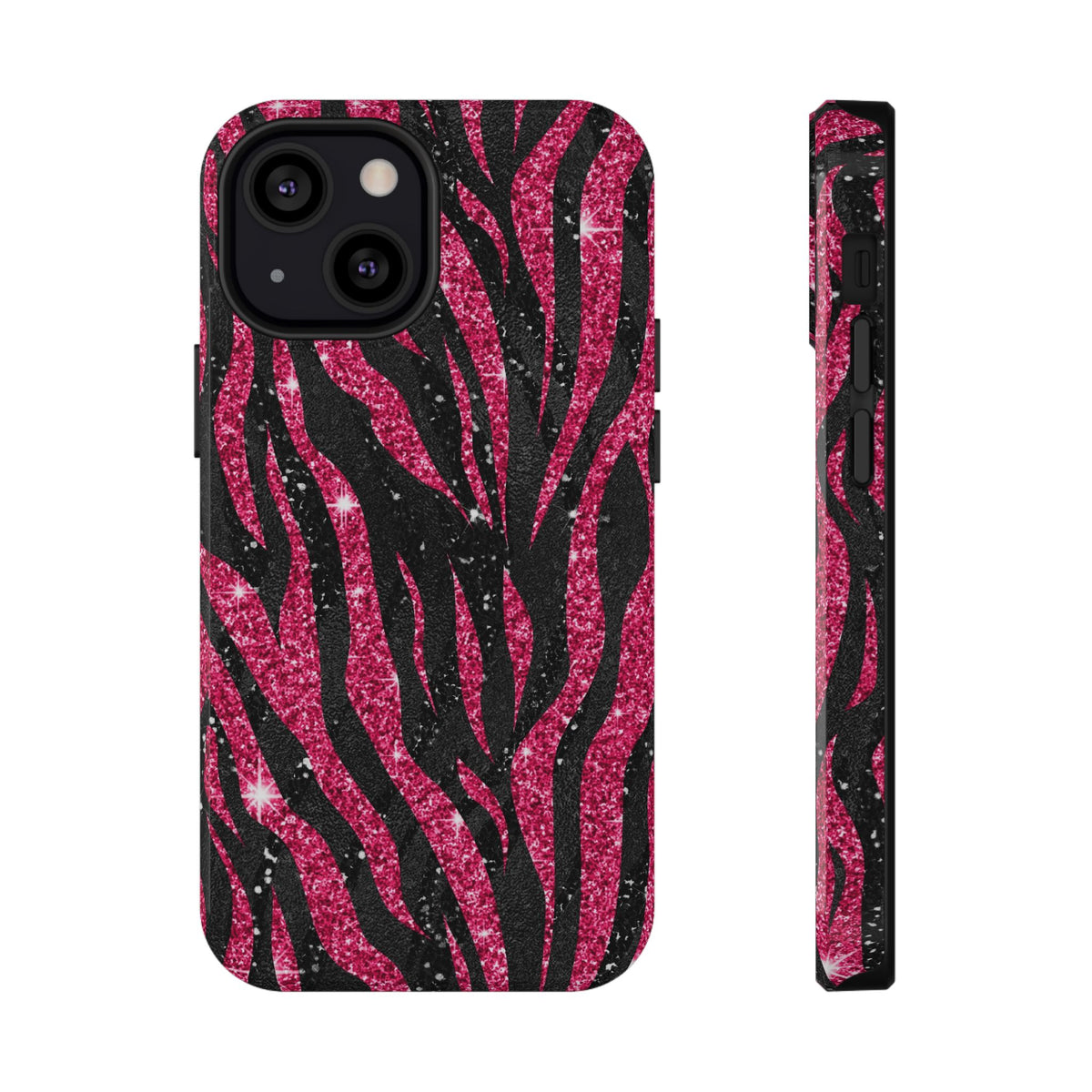 Pink Glitter Zebra protective phone case for iPhone 13 Mini, glossy finish