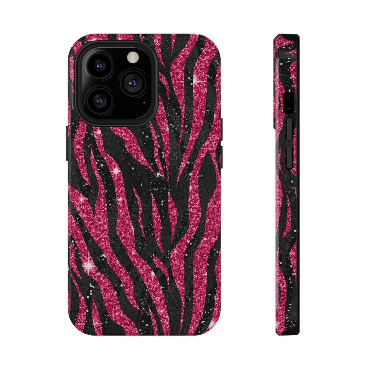 Pink Glitter Zebra protective phone case for iPhone 13 Pro, glossy finish