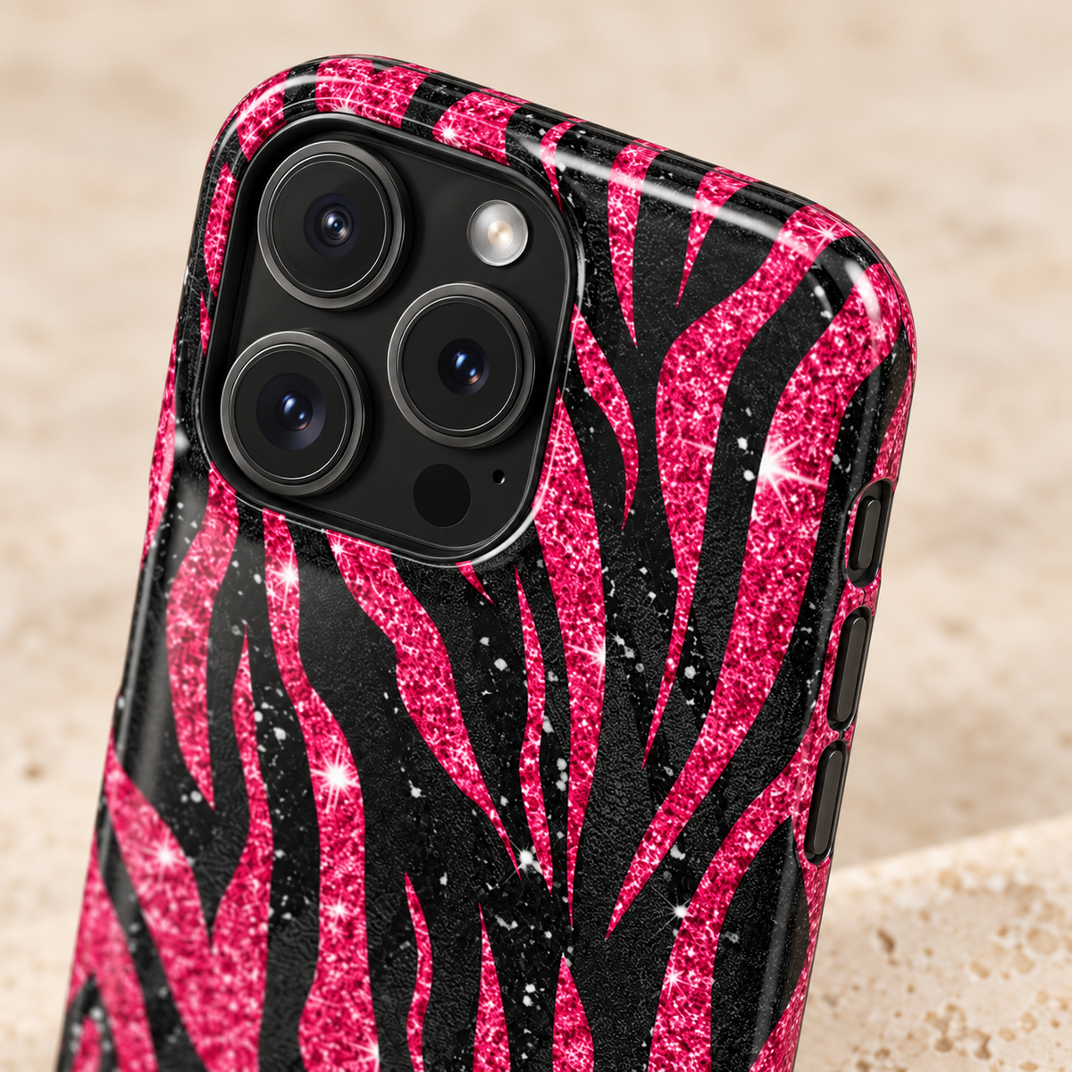Pink Glitter Zebra protective phone case, hot pink glitter zebra stripes on black, lifestyle close-up of the camera