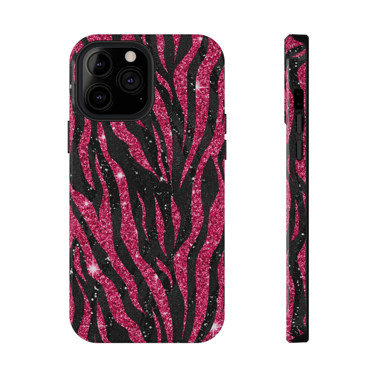 Pink Glitter Zebra protective phone case for iPhone 13 Pro Max, glossy finish