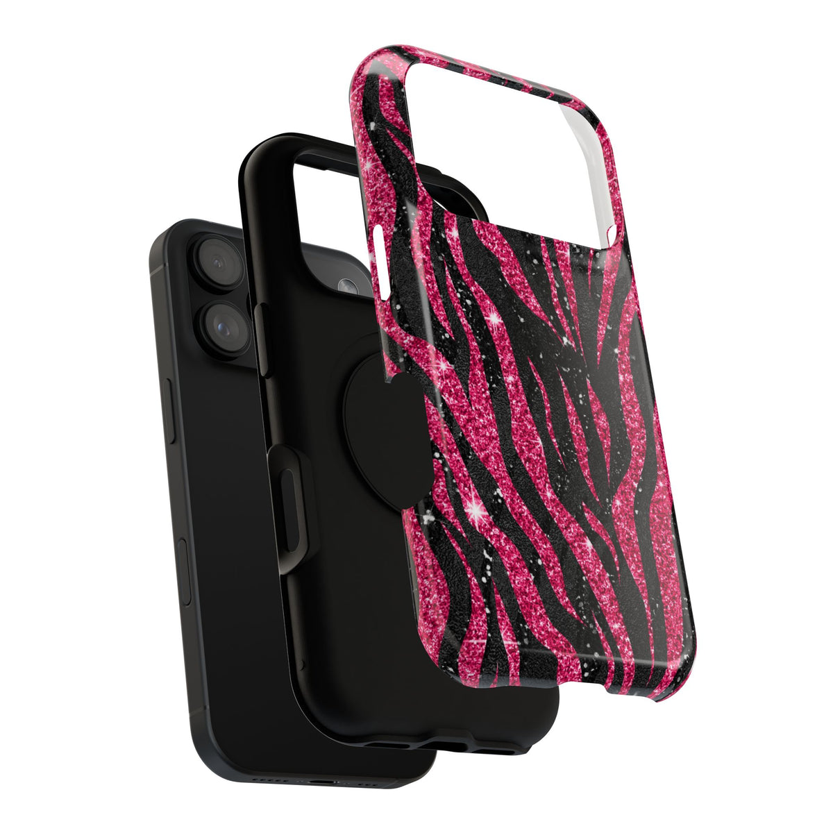 Pink Glitter Zebra protective phone case, close-up of the dual-layer construction
