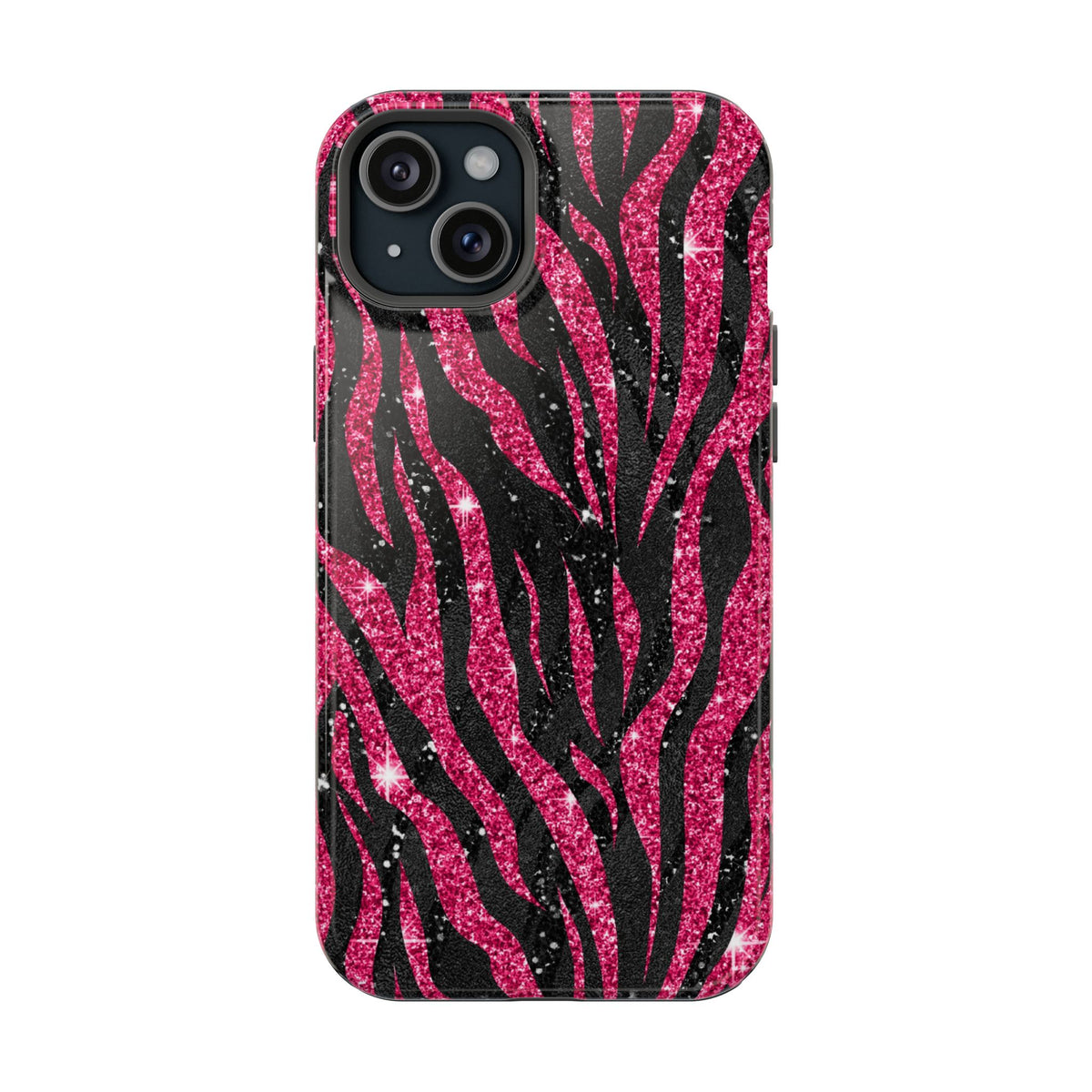 Pink Glitter Zebra MagSafe case for iPhone 15 Plus, glossy finish