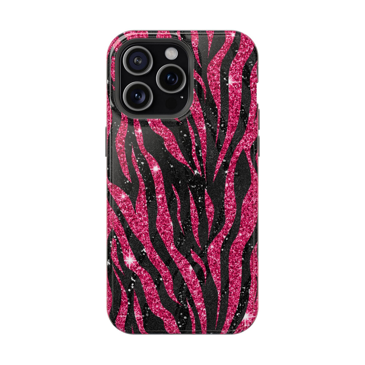 Pink Glitter Zebra MagSafe case for iPhone 15 Pro Max, glossy finish