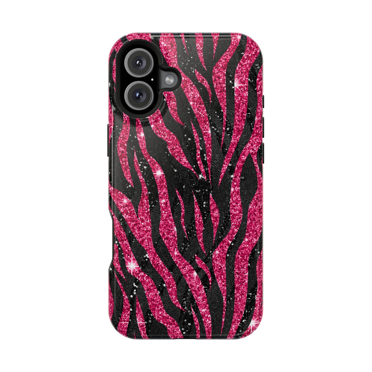 Pink Glitter Zebra MagSafe case for iPhone 16 Plus, glossy finish