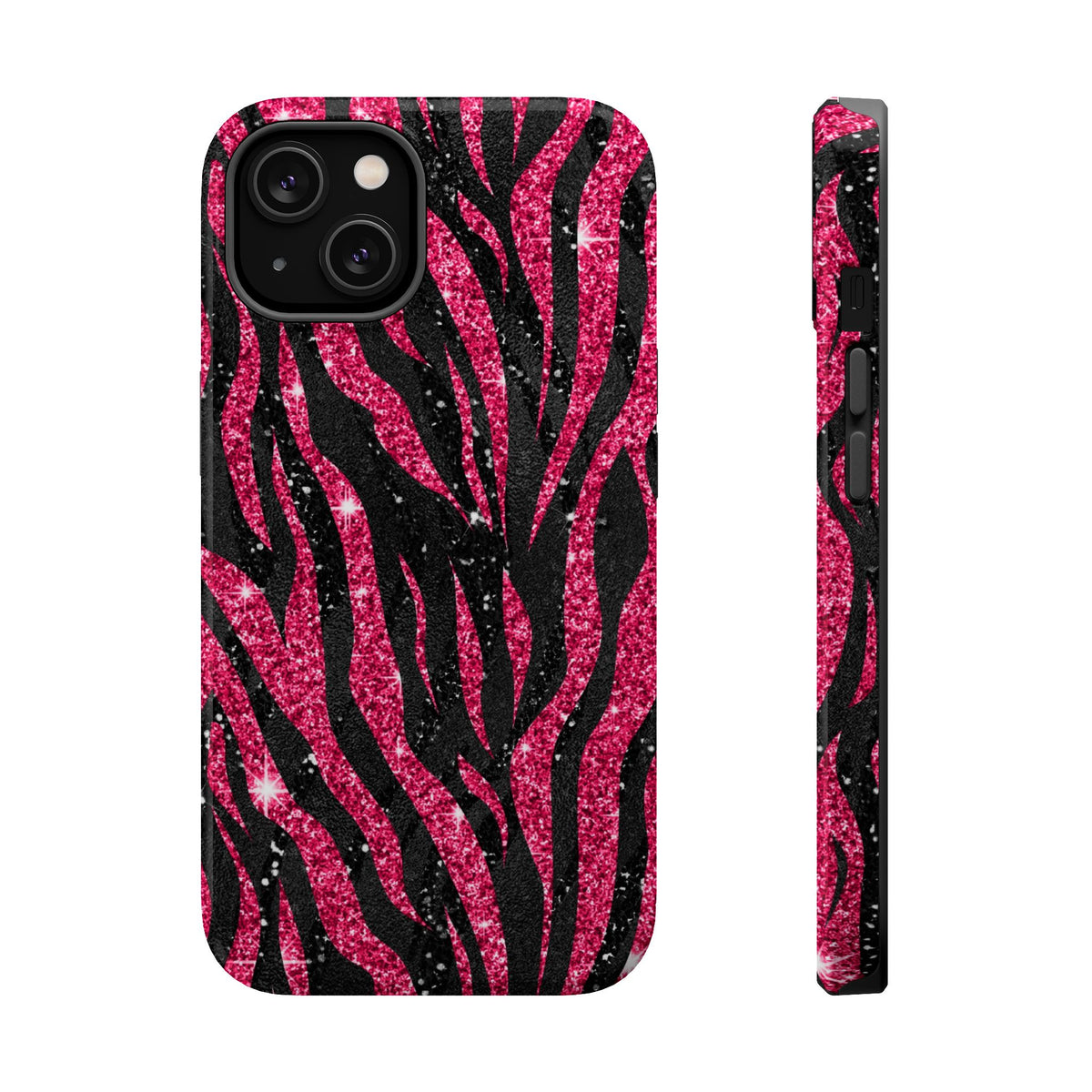 Pink Glitter Zebra MagSafe case for iPhone 14, glossy finish