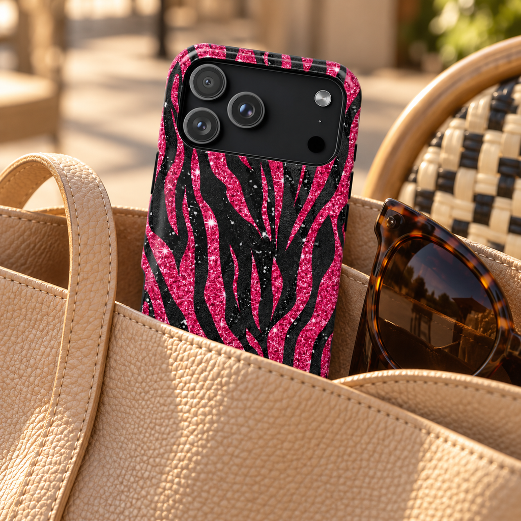 Pink Glitter Zebra MagSafe case, hot pink glitter zebra stripes on black, lifestyle photo in hand with coffee