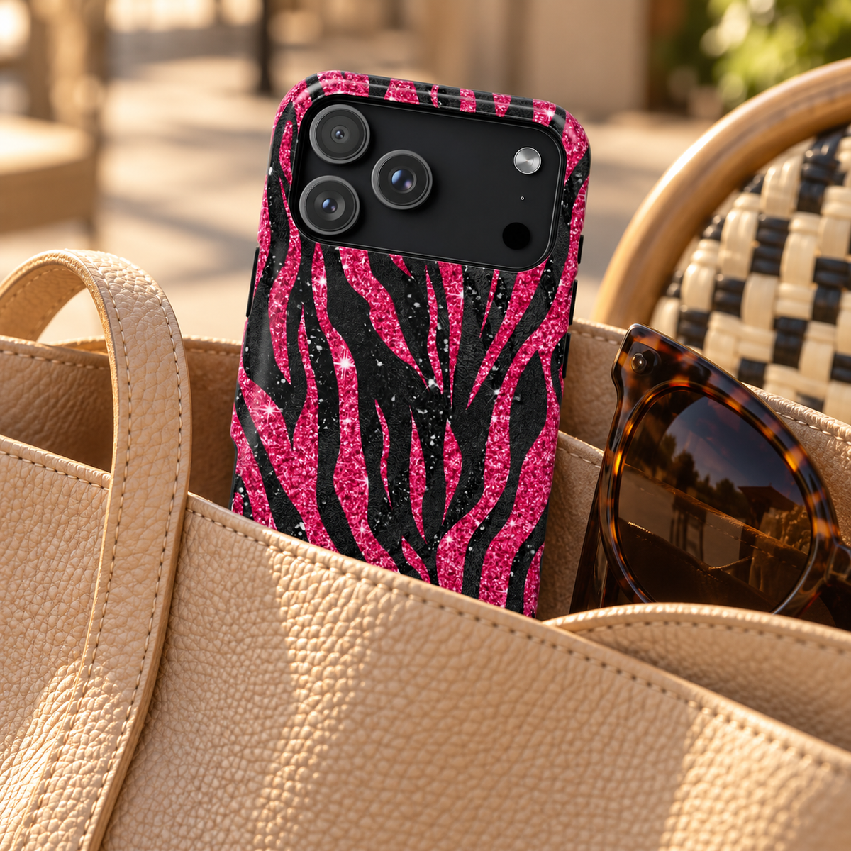 Pink Glitter Zebra MagSafe case, hot pink glitter zebra stripes on black, lifestyle photo in hand with coffee