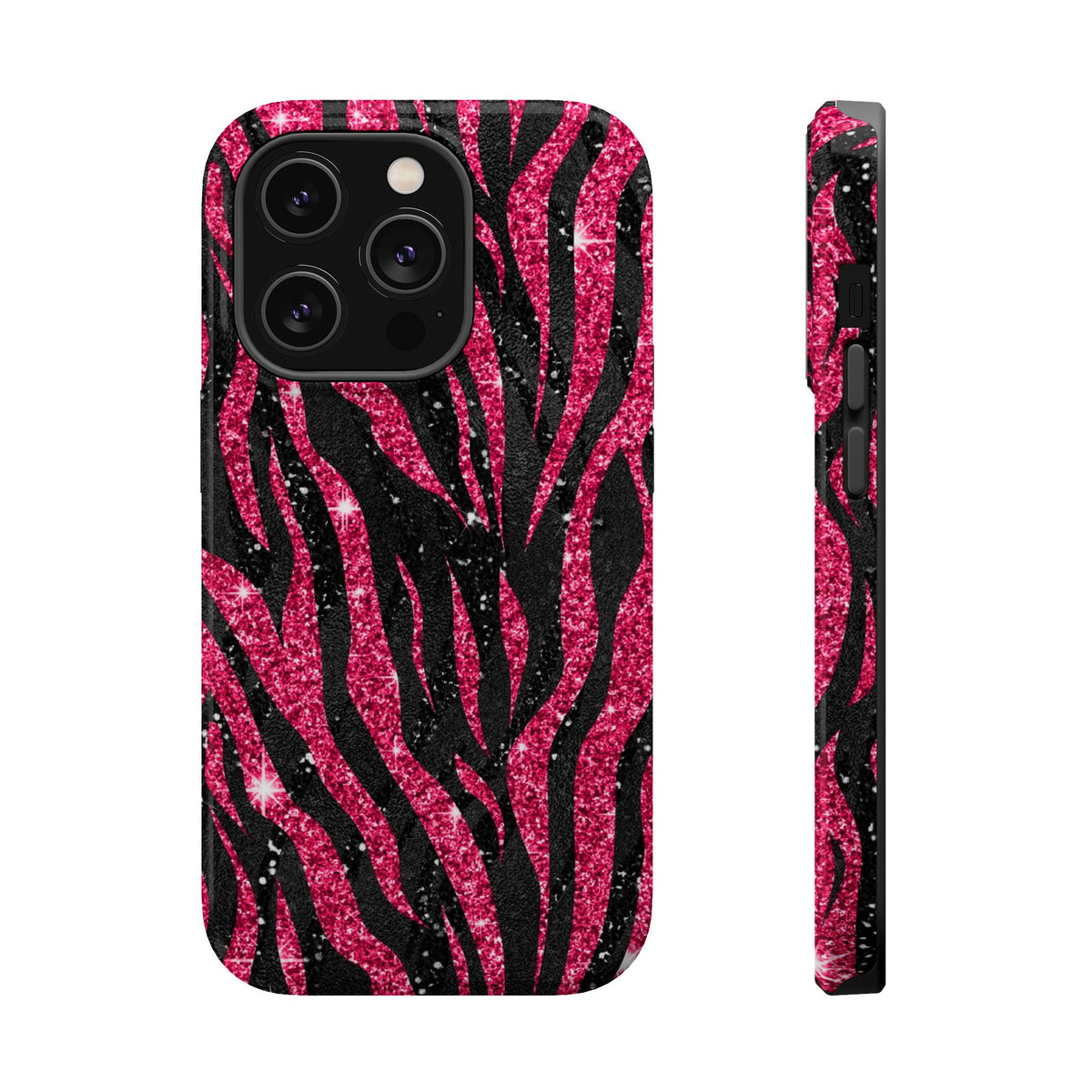 Pink Glitter Zebra MagSafe case for iPhone 14 Pro, glossy finish