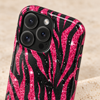 Pink Glitter Zebra MagSafe case, hot pink glitter zebra stripes on black, lifestyle close-up of the camera