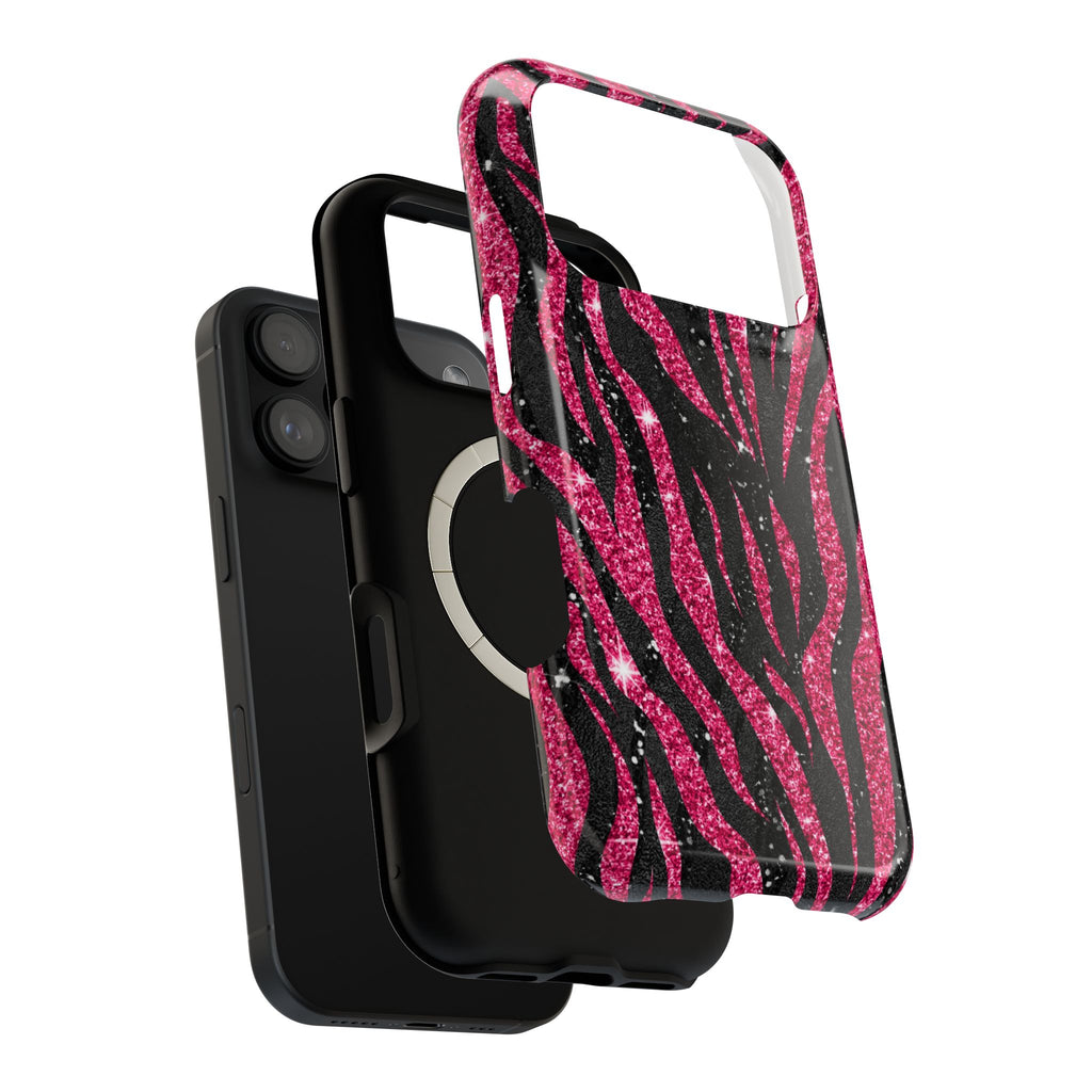 Pink Glitter Zebra MagSafe case, close-up of the dual-layer construction