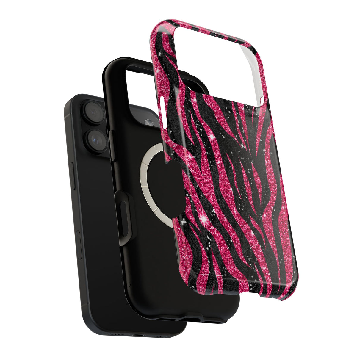 Pink Glitter Zebra MagSafe case, close-up of the dual-layer construction