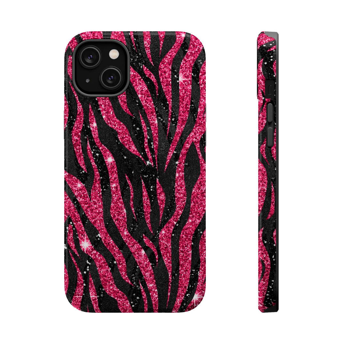 Pink Glitter Zebra MagSafe case for iPhone 14 Plus, glossy finish