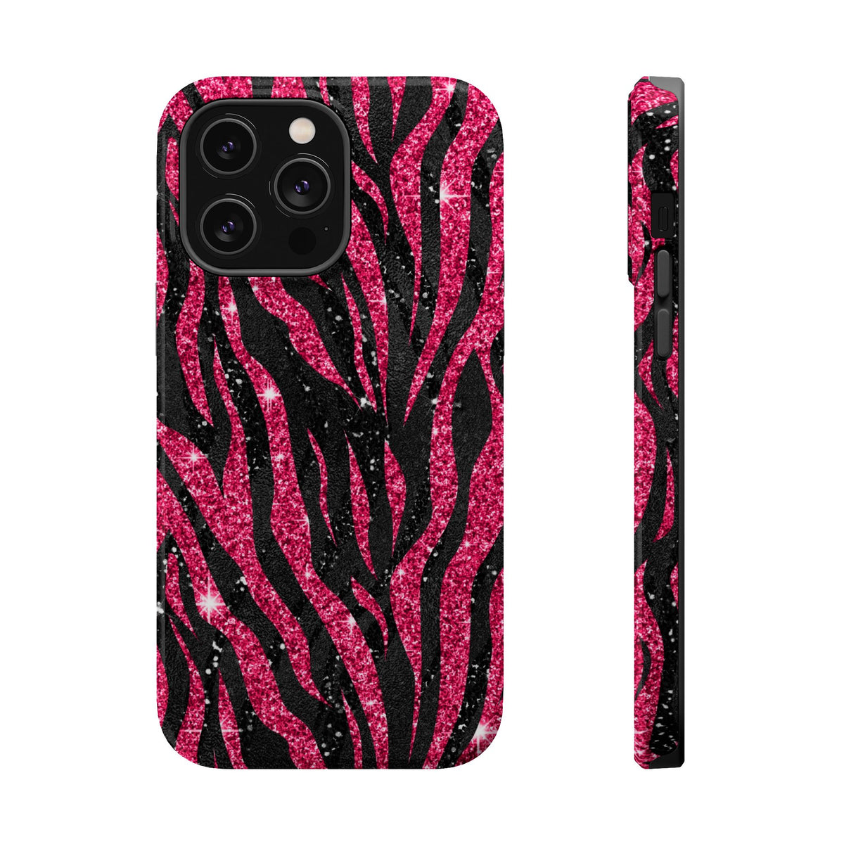 Pink Glitter Zebra MagSafe case for iPhone 14 Pro Max, glossy finish