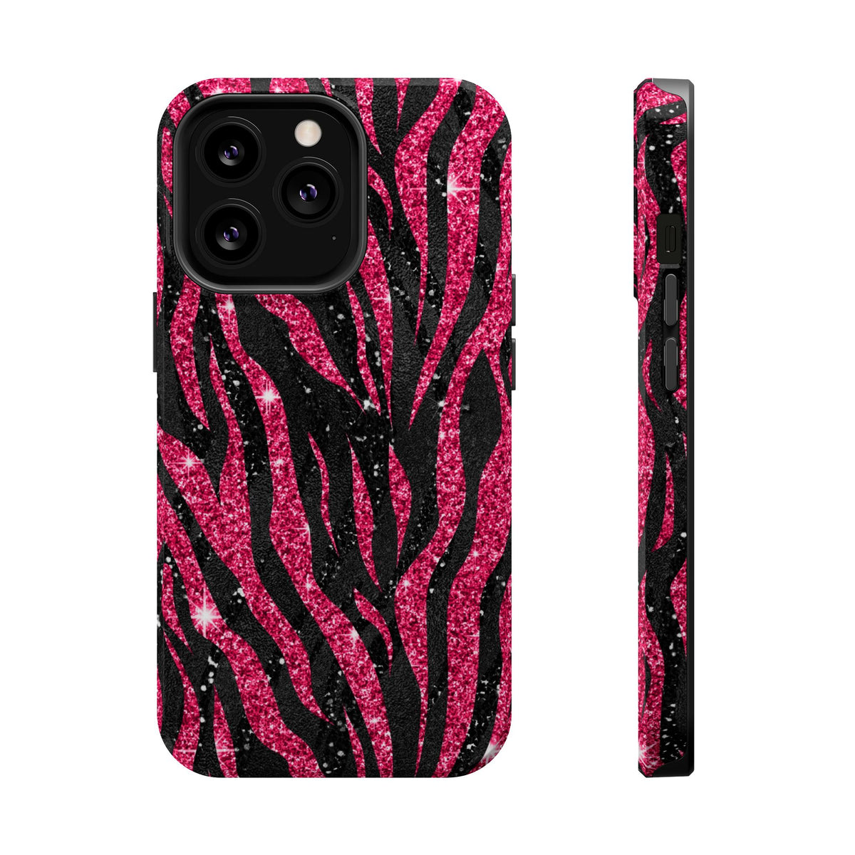 Pink Glitter Zebra MagSafe case for iPhone 13 Pro, glossy finish