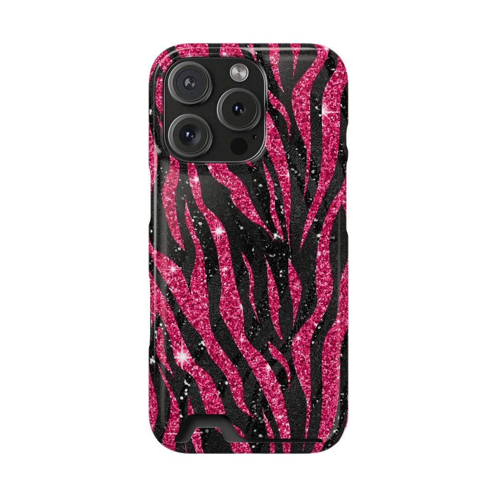 Pink Glitter Zebra phone case with card holder for iPhone 16 Pro, glossy finish