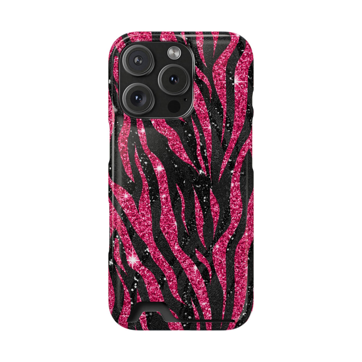 Pink Glitter Zebra phone case with card holder for iPhone 16 Pro, glossy finish