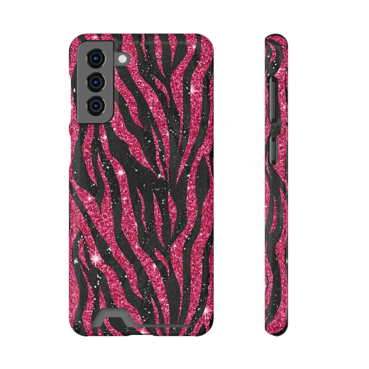 Pink Glitter Zebra phone case with card holder for Samsung Galaxy S21 Plus, glossy finish