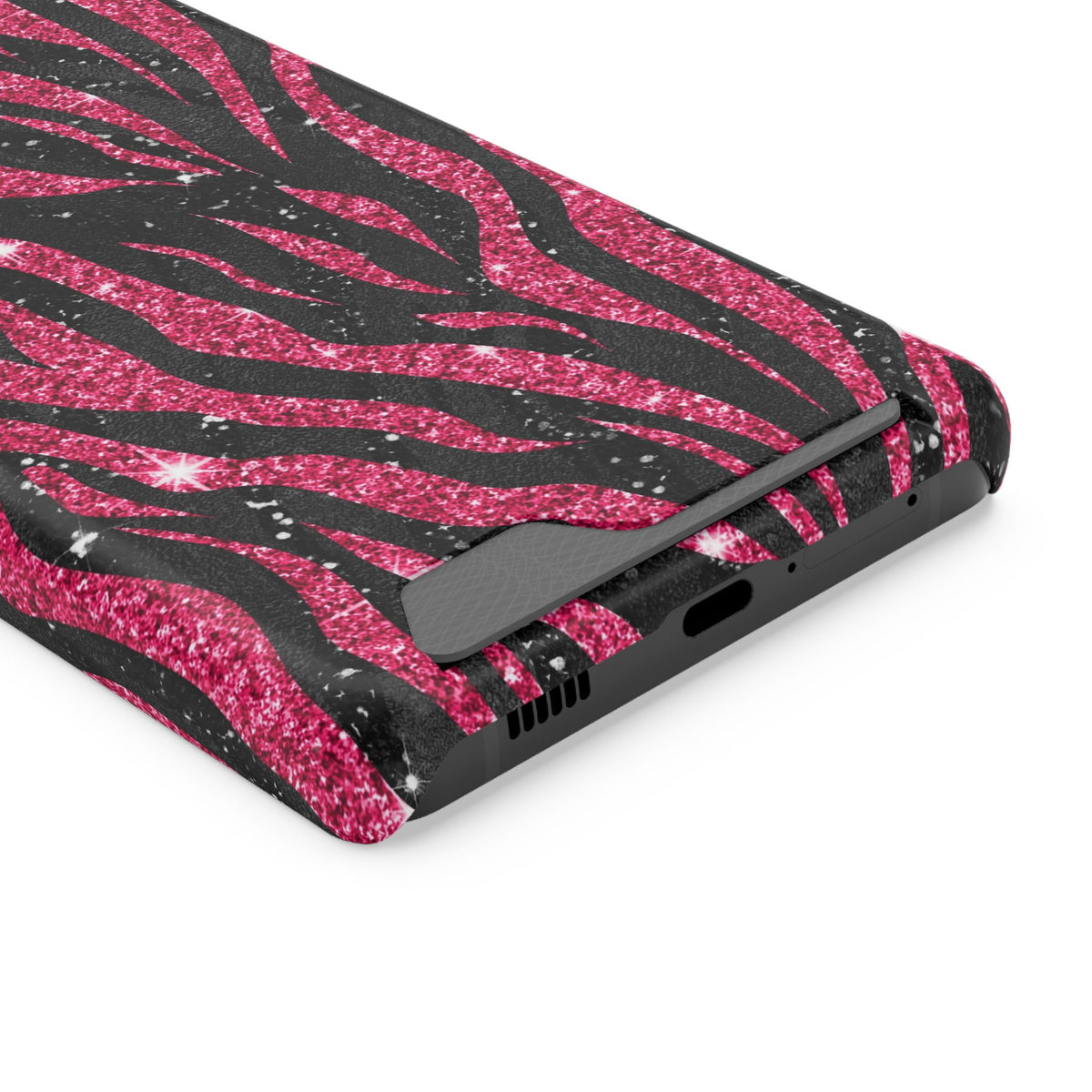 Pink Glitter Zebra phone case with card holder for Samsung Galaxy S21 Ultra, glossy finish